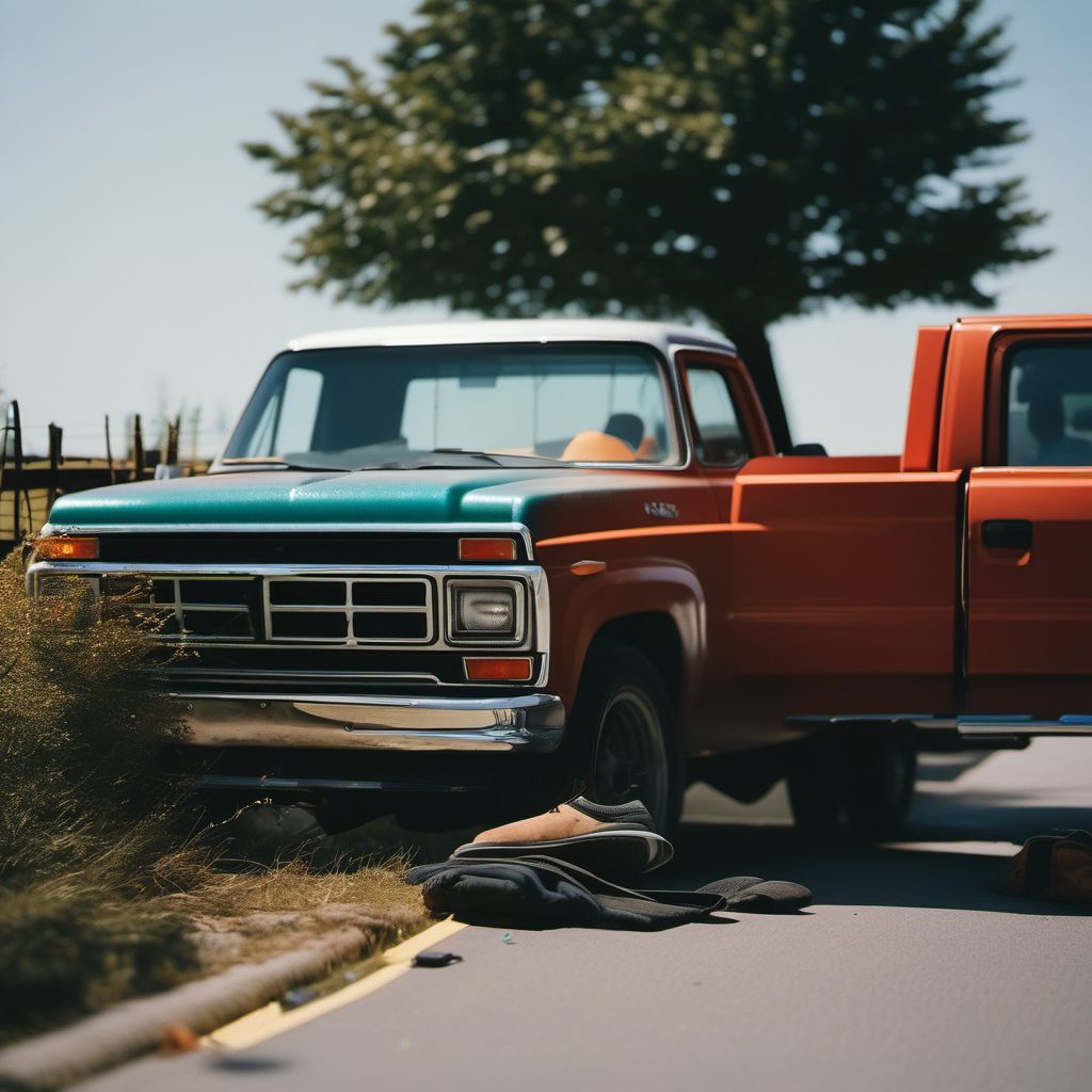 Person boarding or alighting a pick-up truck or van injured in collision with fixed or stationary object digital illustration