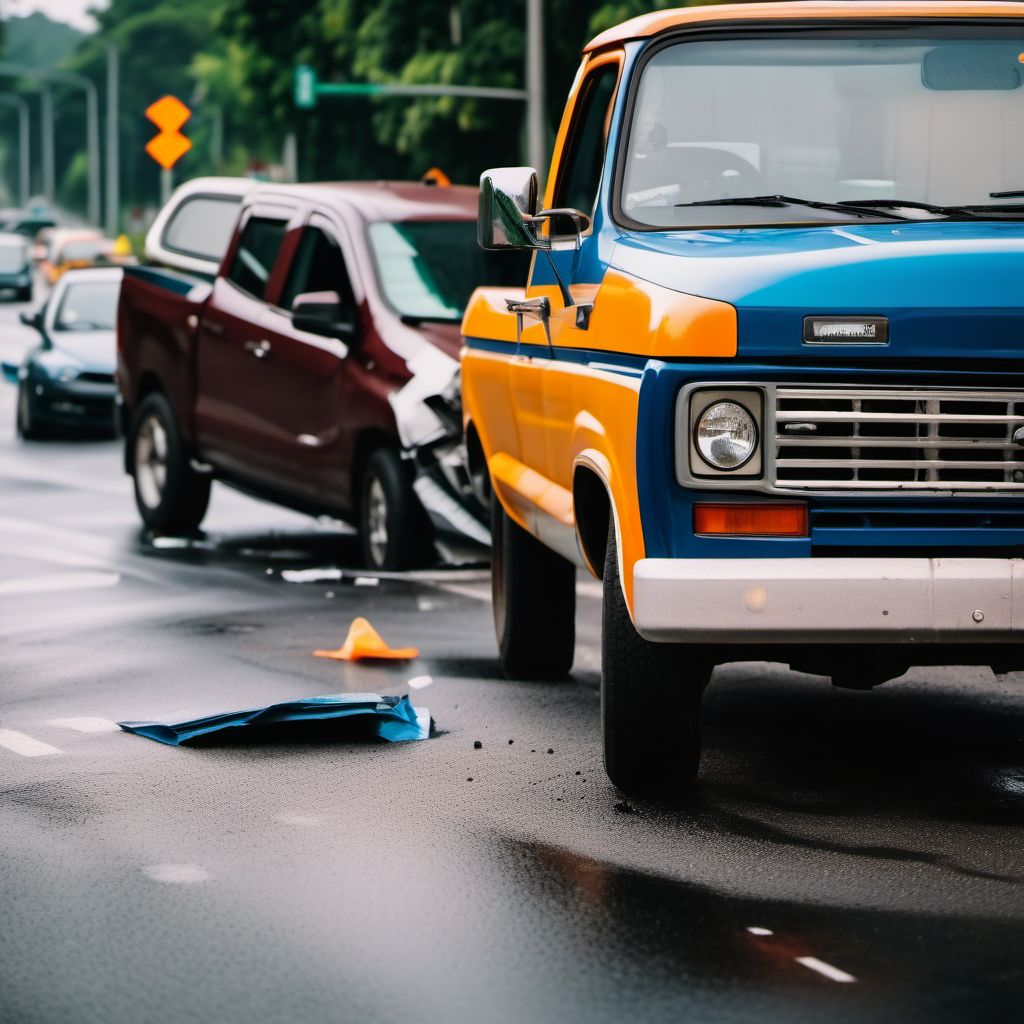 Driver of pick-up truck or van injured in collision with fixed or stationary object in traffic accident digital illustration