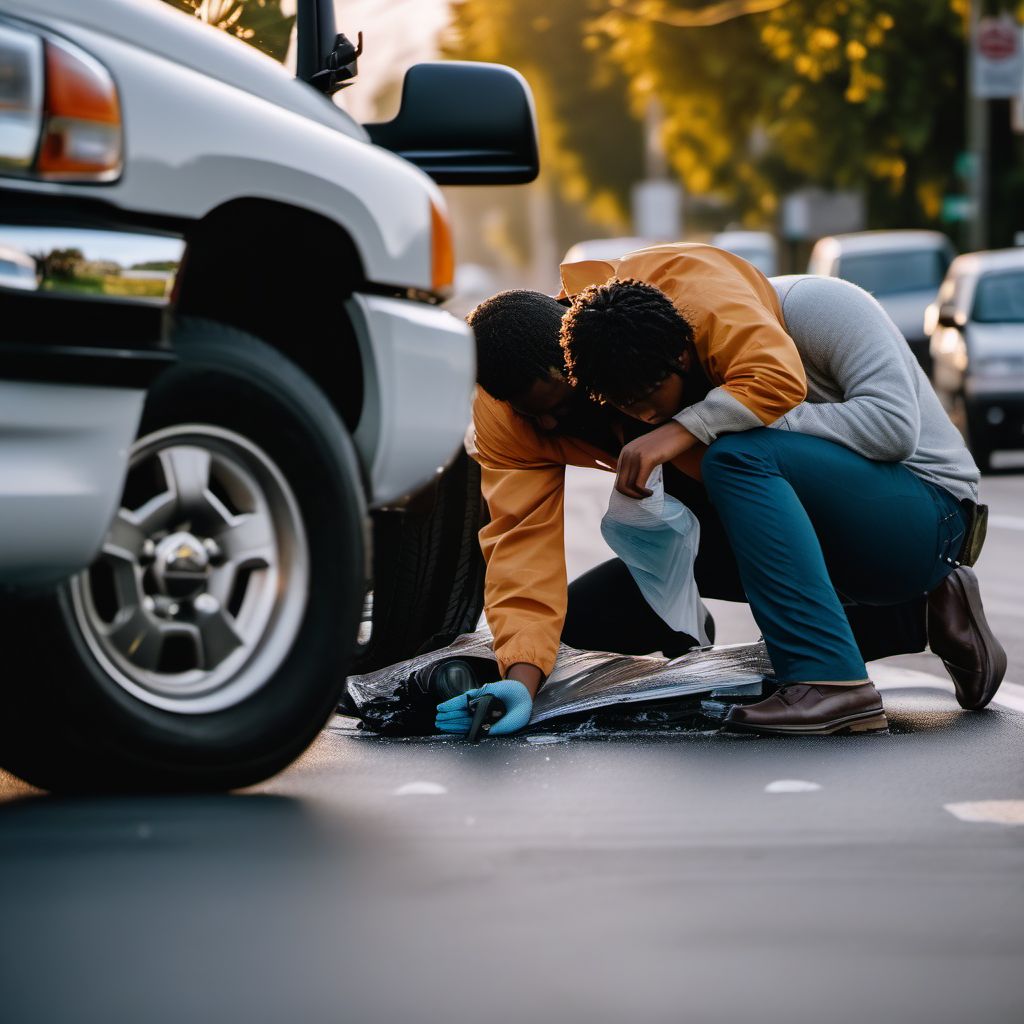 Person on outside of pick-up truck or van injured in collision with fixed or stationary object in traffic accident digital illustration