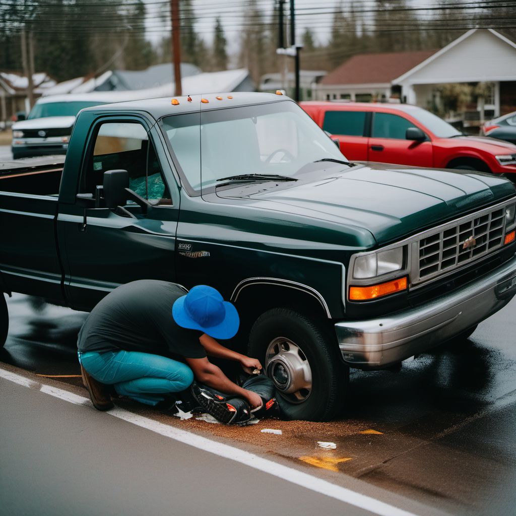 Person on outside of pick-up truck or van injured in noncollision transport accident in nontraffic accident digital illustration