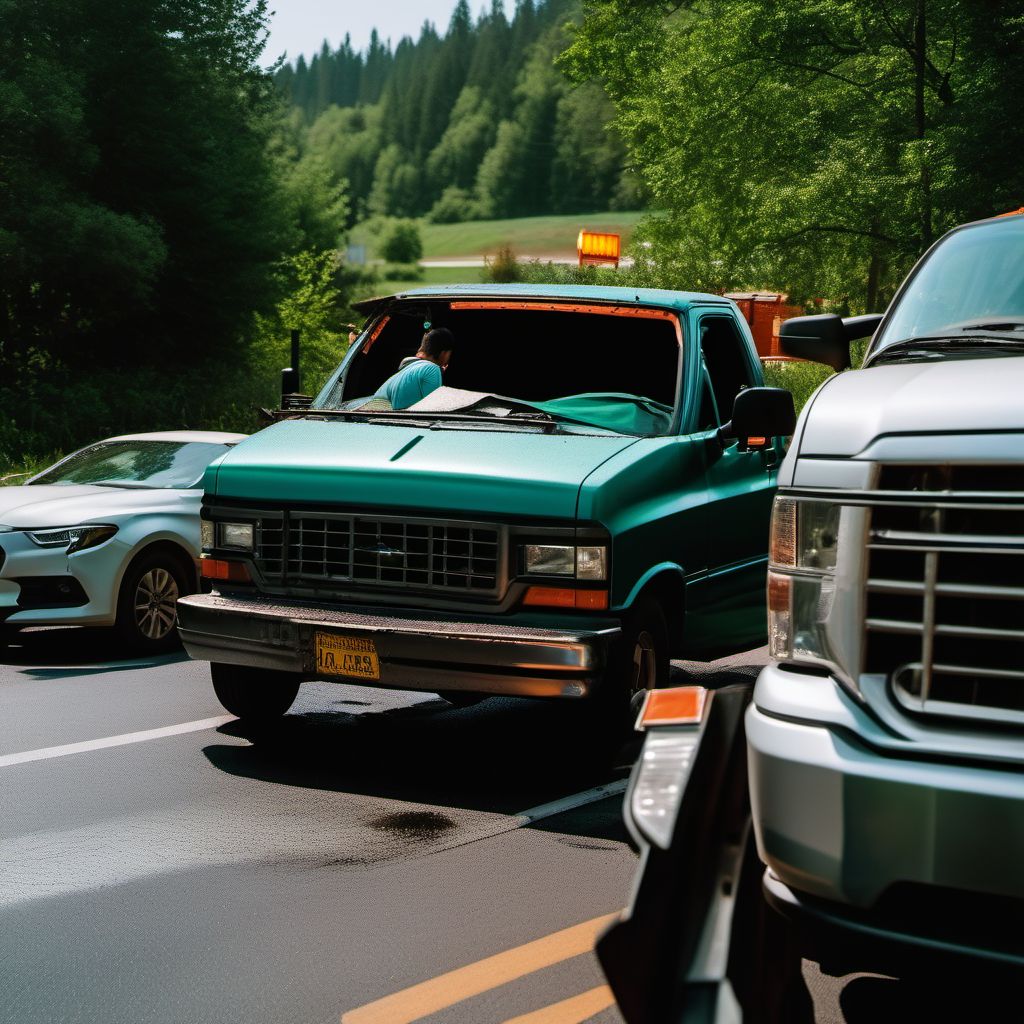 Passenger in pick-up truck or van injured in noncollision transport accident in traffic accident digital illustration