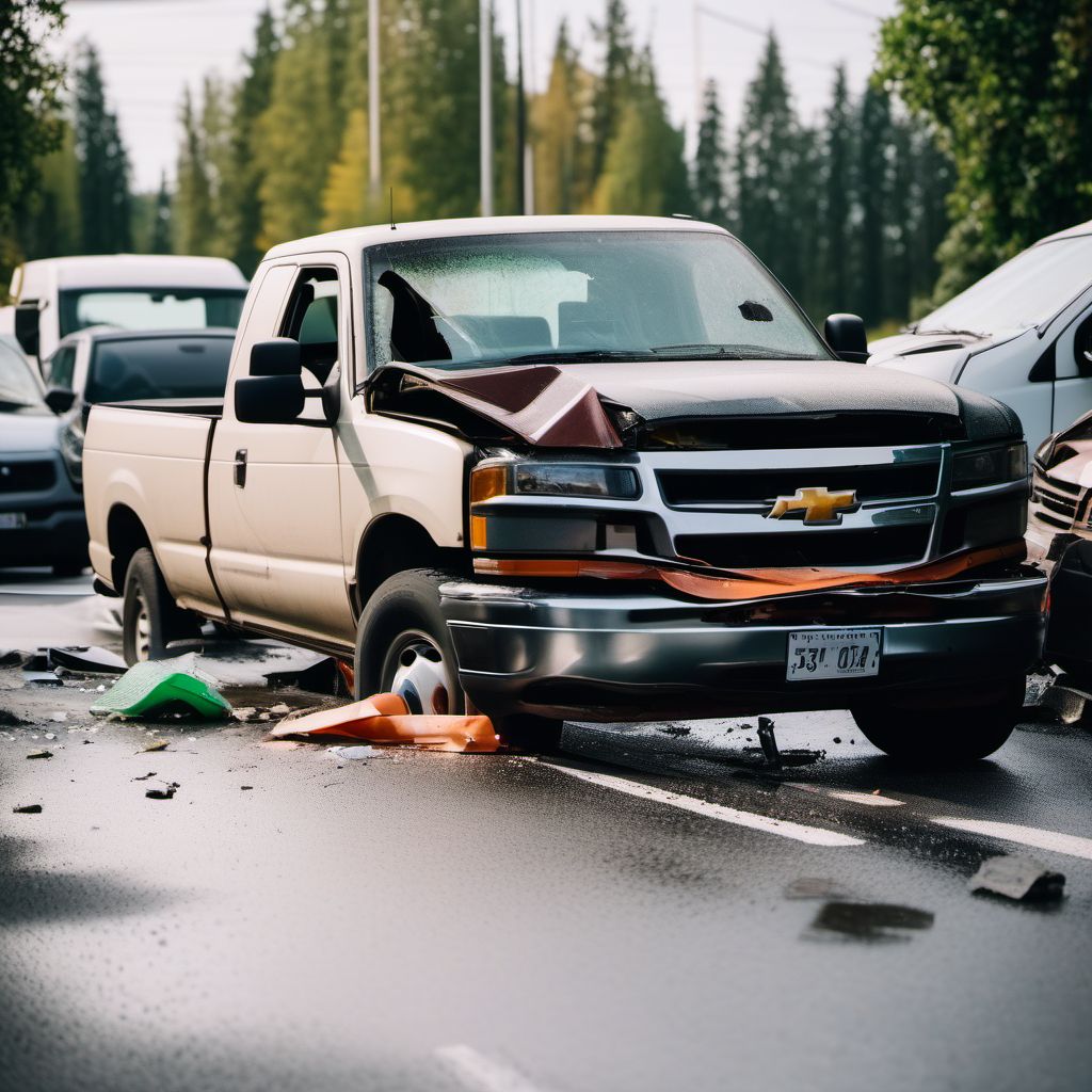 Driver of pick-up truck or van injured in collision with other motor vehicles in nontraffic accident digital illustration