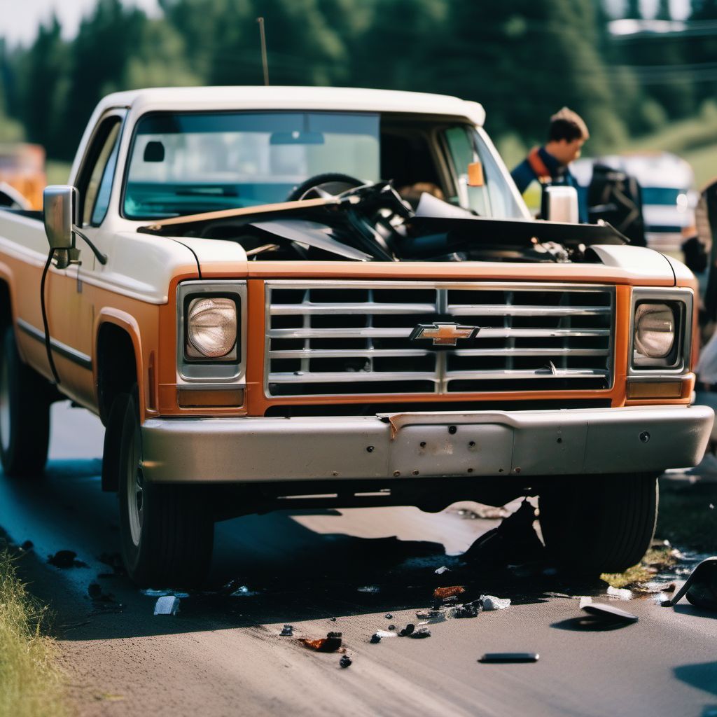 Passenger in pick-up truck or van injured in collision with unspecified motor vehicles in nontraffic accident digital illustration