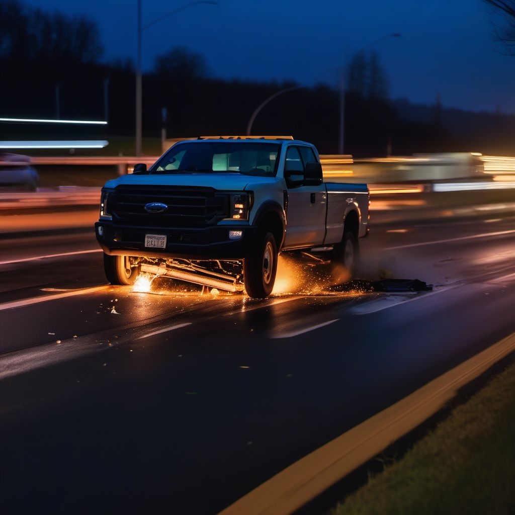 Passenger in pick-up truck or van injured in collision with other motor vehicles in nontraffic accident digital illustration