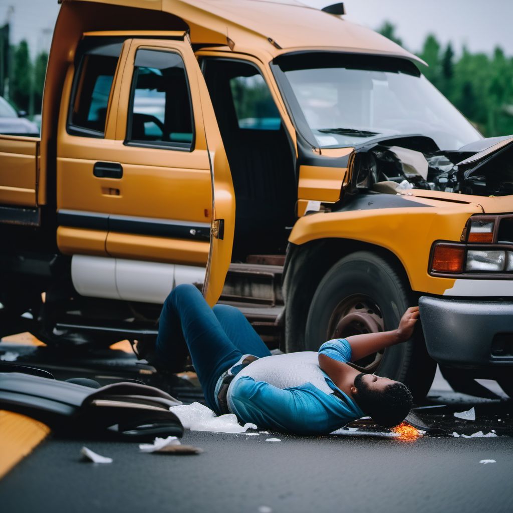 Driver of pick-up truck or van injured in collision with unspecified motor vehicles in traffic accident digital illustration