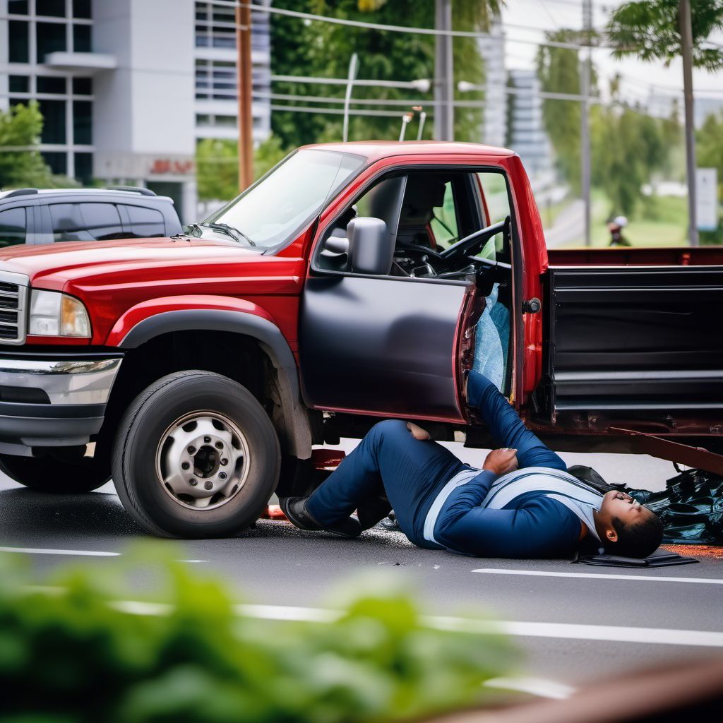 Driver of pick-up truck or van injured in collision with other motor vehicles in traffic accident digital illustration