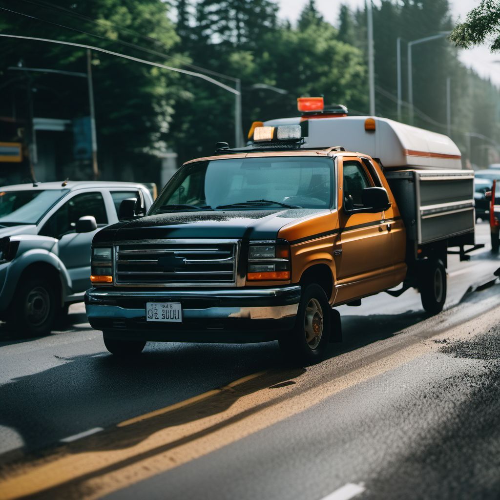 Passenger in pick-up truck or van injured in collision with other motor vehicles in traffic accident digital illustration