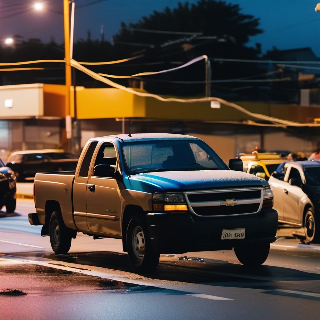 Unspecified occupant of pick-up truck or van injured in collision with other motor vehicles in traffic accident digital illustration