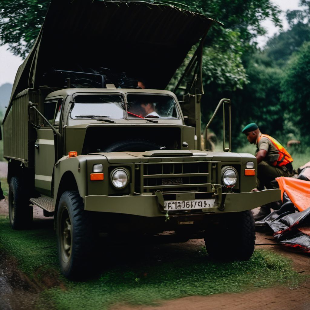 Occupant (driver) (passenger) of pick-up truck or van injured in transport accident with military vehicle digital illustration