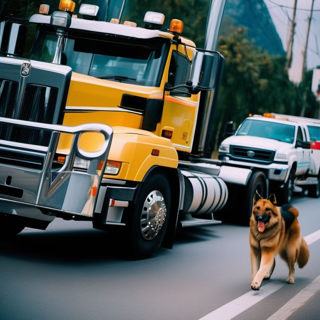 Driver of heavy transport vehicle injured in collision with pedestrian or animal in nontraffic accident digital illustration