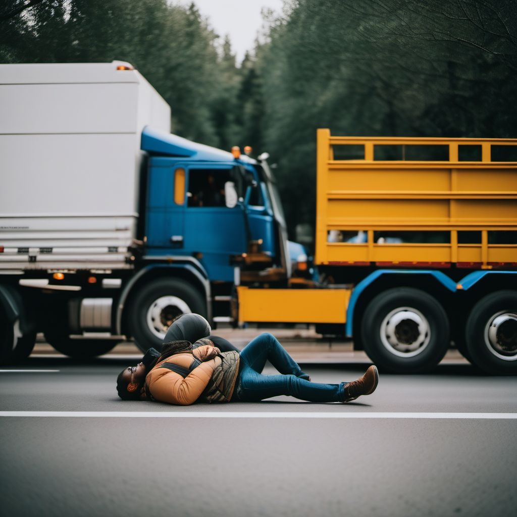 Person on outside of heavy transport vehicle injured in collision with pedestrian or animal in nontraffic accident digital illustration