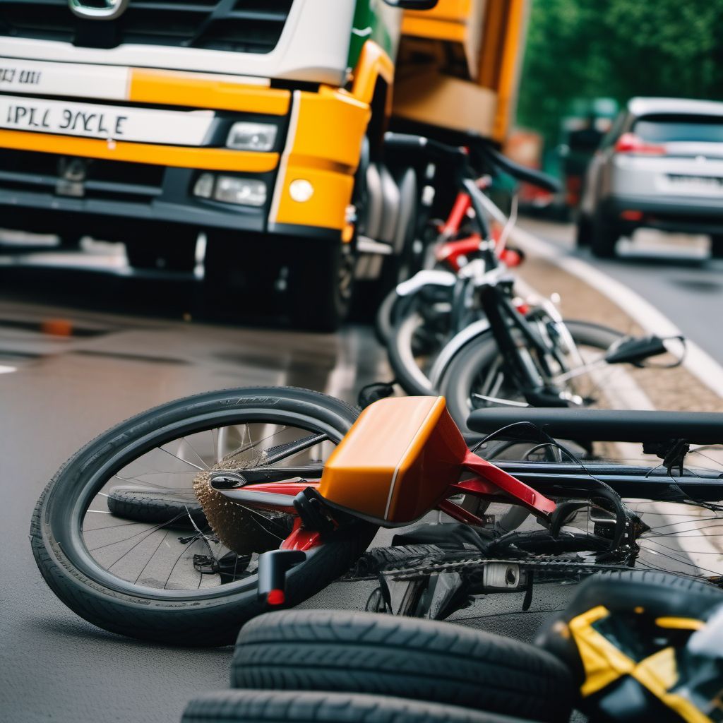 Driver of heavy transport vehicle injured in collision with pedal cycle in nontraffic accident digital illustration