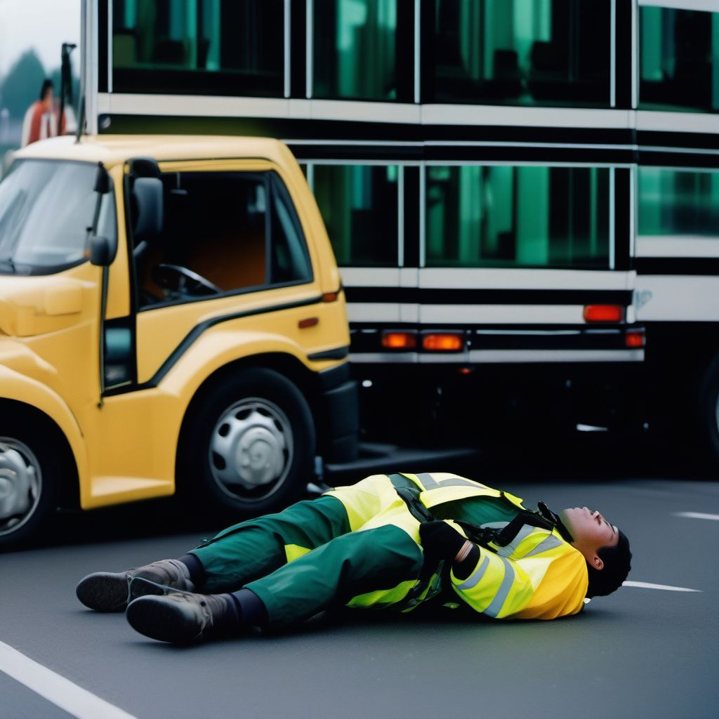 Unspecified occupant of heavy transport vehicle injured in collision with pedal cycle in nontraffic accident digital illustration