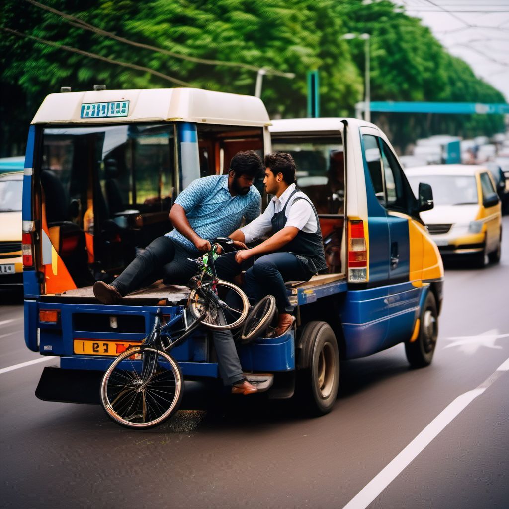 Passenger in heavy transport vehicle injured in collision with pedal cycle in traffic accident digital illustration