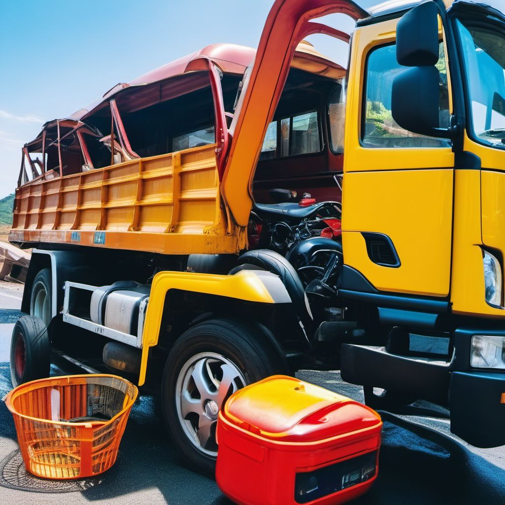 Passenger in heavy transport vehicle injured in collision with two- or three-wheeled motor vehicle in nontraffic accident digital illustration