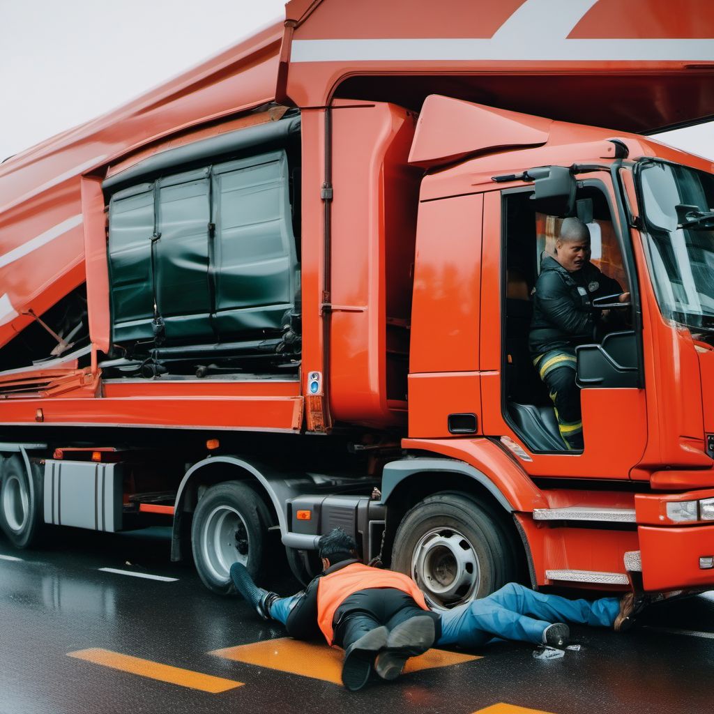 Person on outside of heavy transport vehicle injured in collision with two- or three-wheeled motor vehicle in nontraffic accident digital illustration