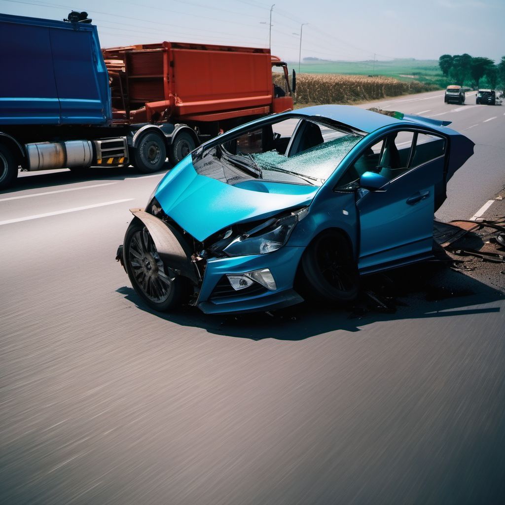 Unspecified occupant of heavy transport vehicle injured in collision with two- or three-wheeled motor vehicle in nontraffic accident digital illustration