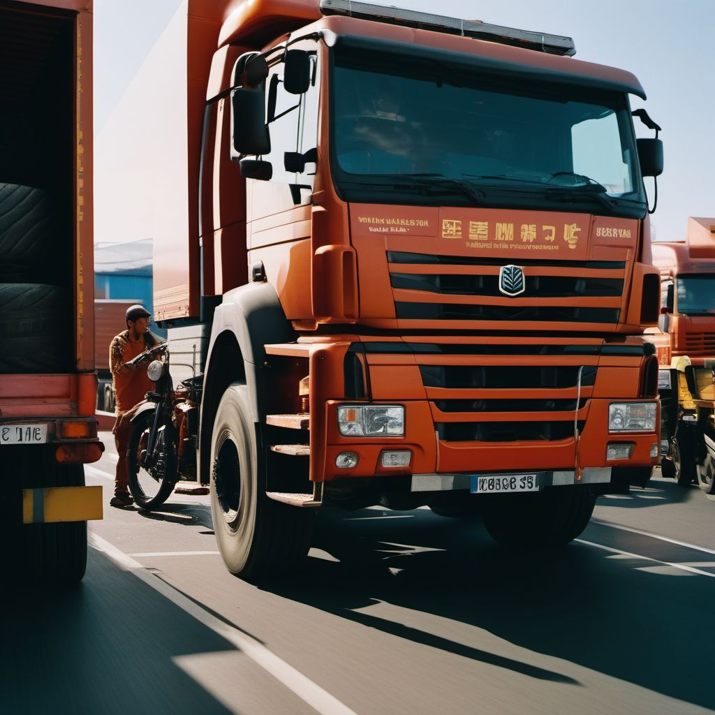 Person boarding or alighting a heavy transport vehicle injured in collision with two- or three-wheeled motor vehicle digital illustration