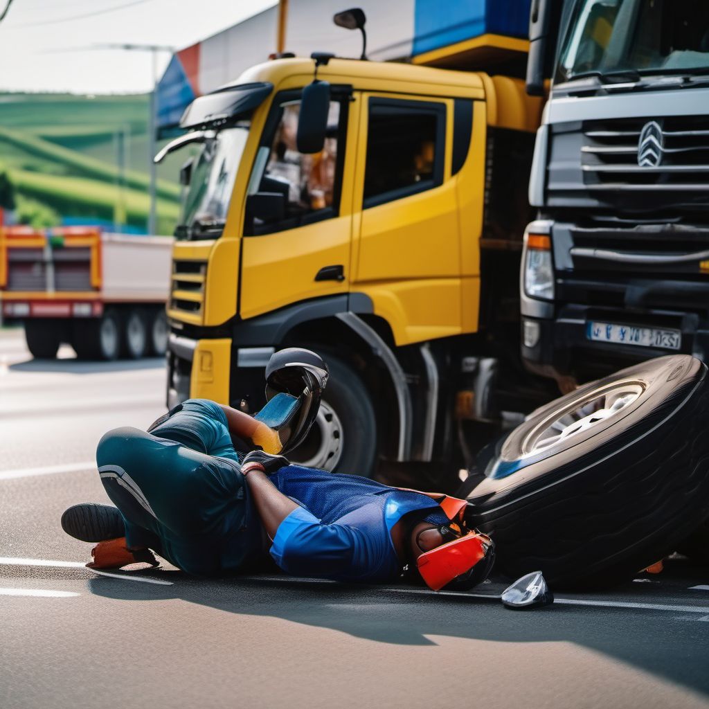 Driver of heavy transport vehicle injured in collision with two- or three-wheeled motor vehicle in traffic accident digital illustration