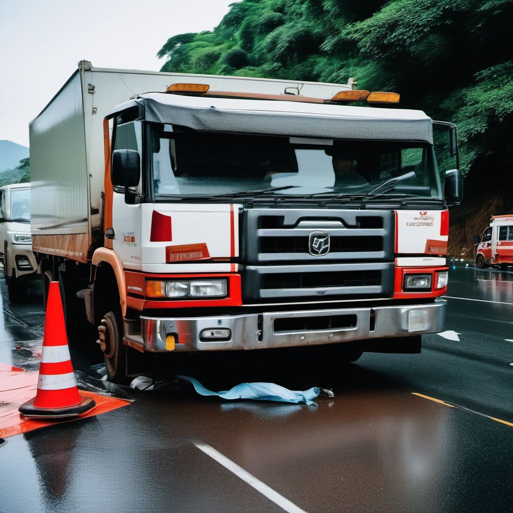 Passenger in heavy transport vehicle injured in collision with two- or three-wheeled motor vehicle in traffic accident digital illustration