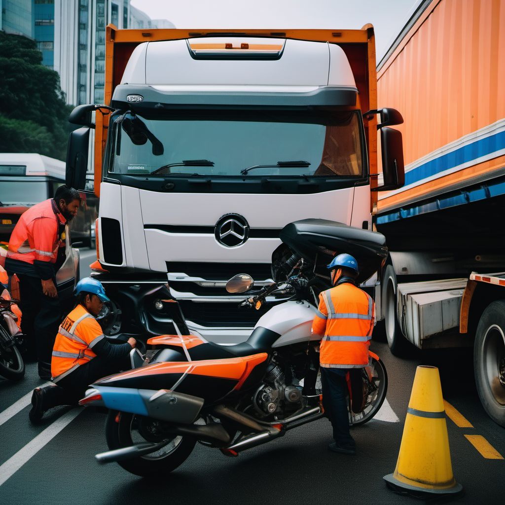 Person on outside of heavy transport vehicle injured in collision with two- or three-wheeled motor vehicle in traffic accident digital illustration