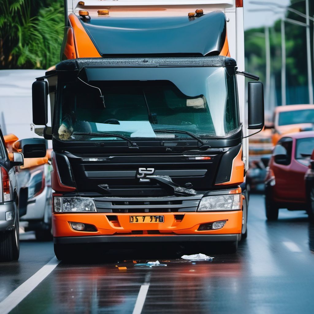 Unspecified occupant of heavy transport vehicle injured in collision with two- or three-wheeled motor vehicle in traffic accident digital illustration