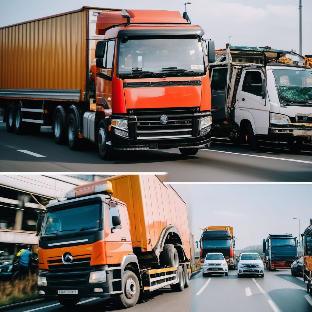 Passenger in heavy transport vehicle injured in collision with car, pick-up truck or van in nontraffic accident digital illustration