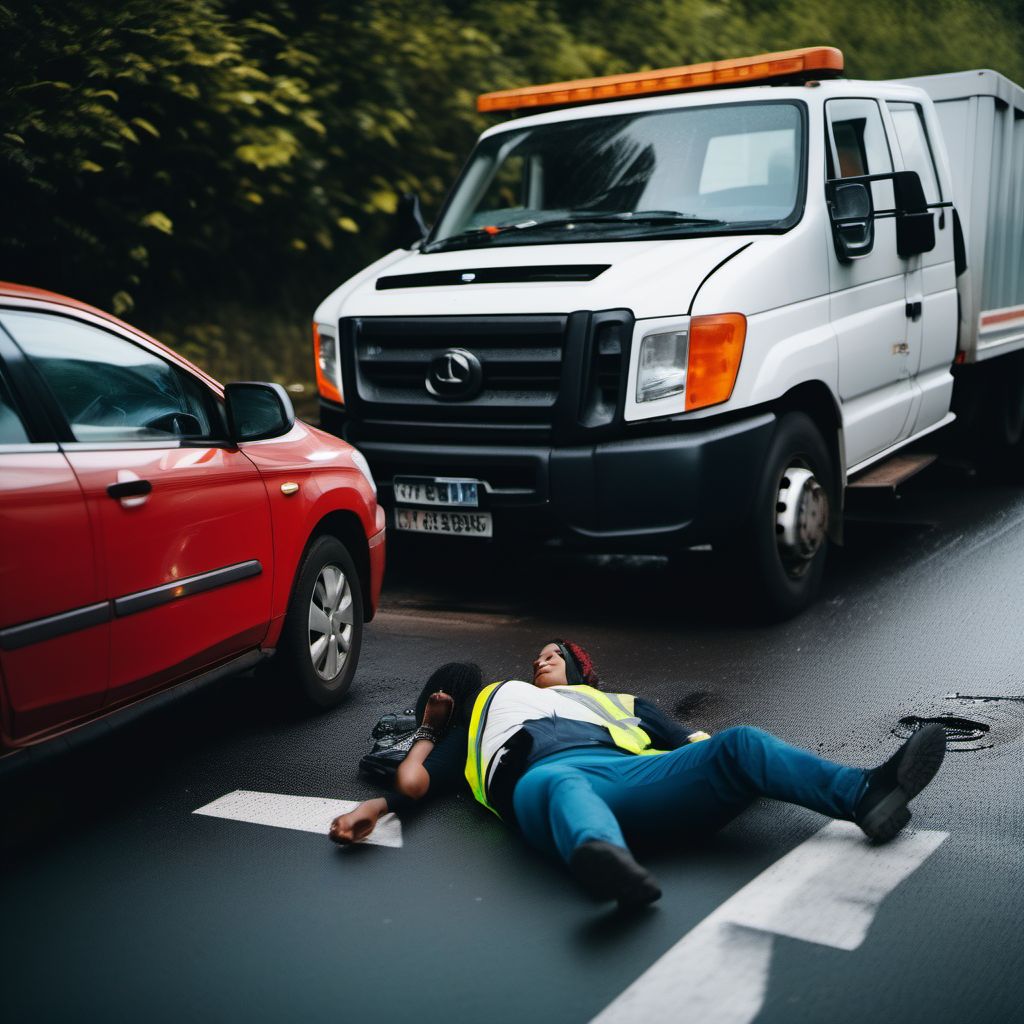 Person on outside of heavy transport vehicle injured in collision with car, pick-up truck or van in traffic accident digital illustration