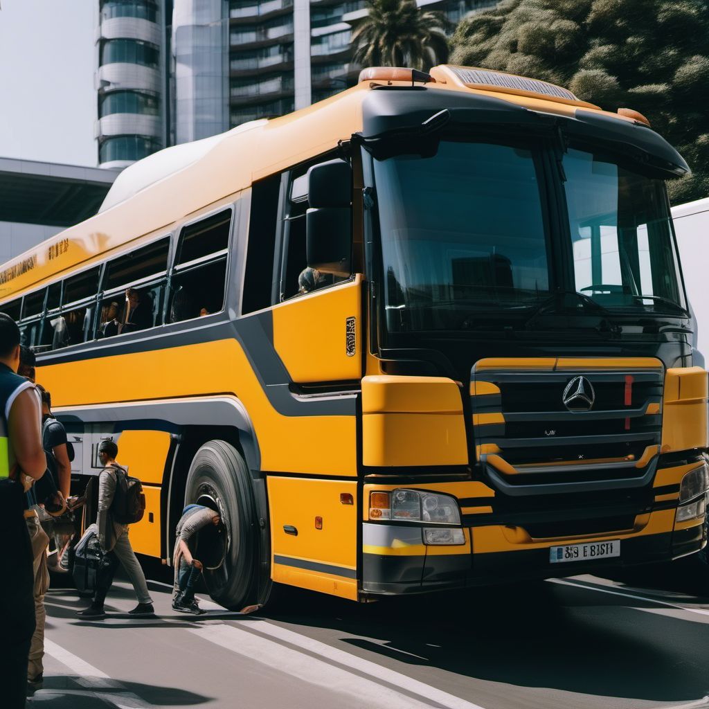 Person boarding or alighting a heavy transport vehicle injured in collision with heavy transport vehicle or bus while boarding or alighting digital illustration