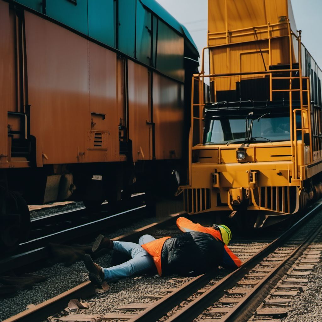 Person on outside of heavy transport vehicle injured in collision with railway train or railway vehicle in nontraffic accident digital illustration