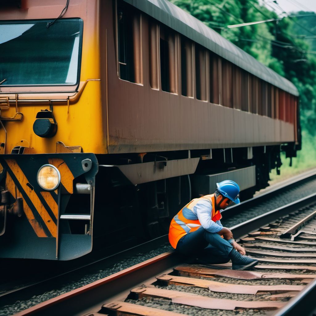 Unspecified occupant of heavy transport vehicle injured in collision with railway train or railway vehicle in nontraffic accident digital illustration