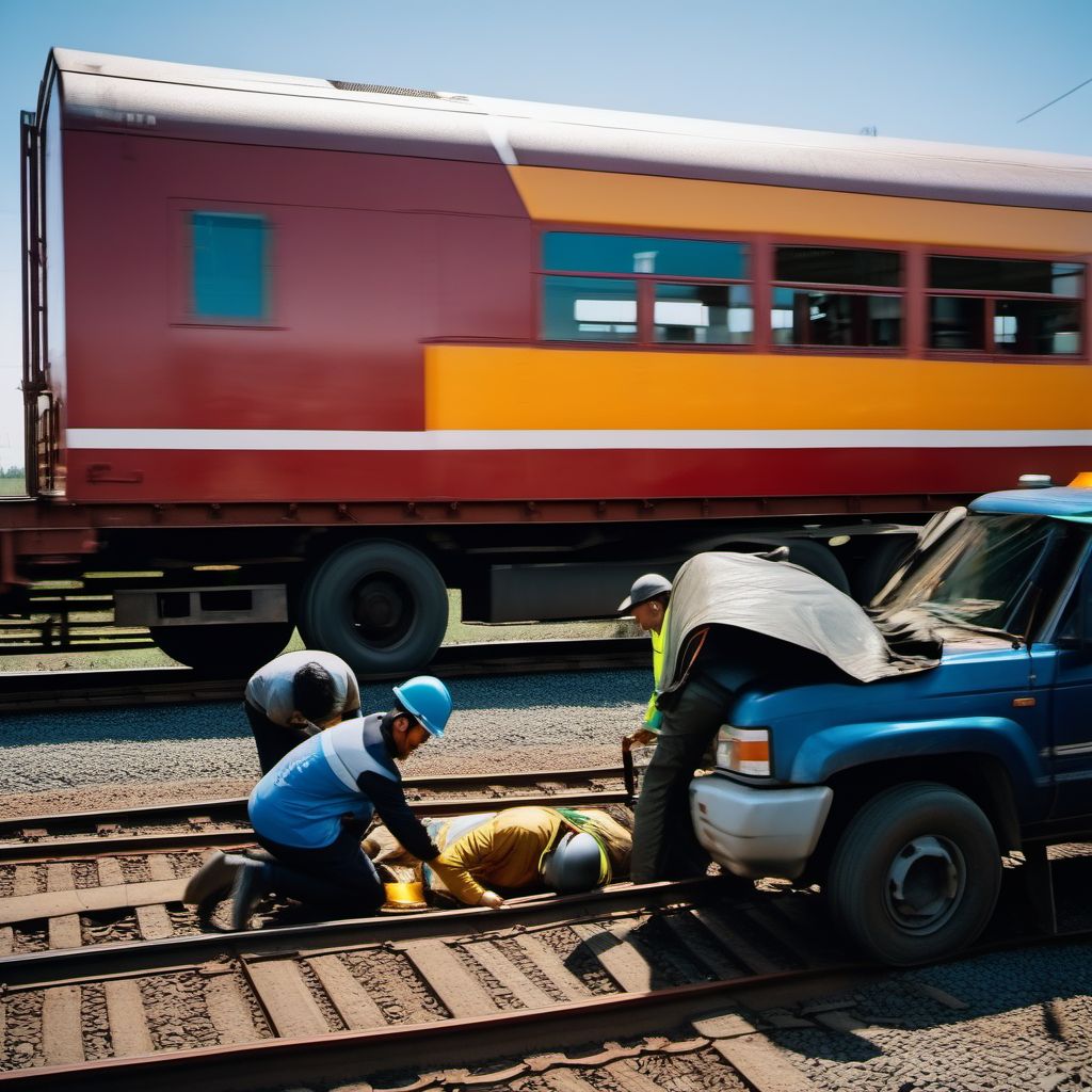 Person boarding or alighting a heavy transport vehicle injured in collision with railway train or railway vehicle digital illustration