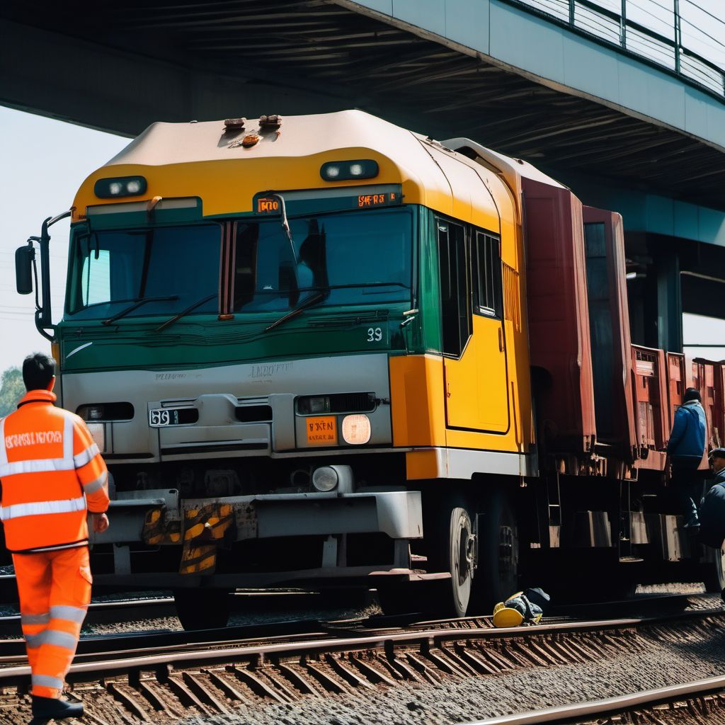 Person on outside of heavy transport vehicle injured in collision with railway train or railway vehicle in traffic accident digital illustration