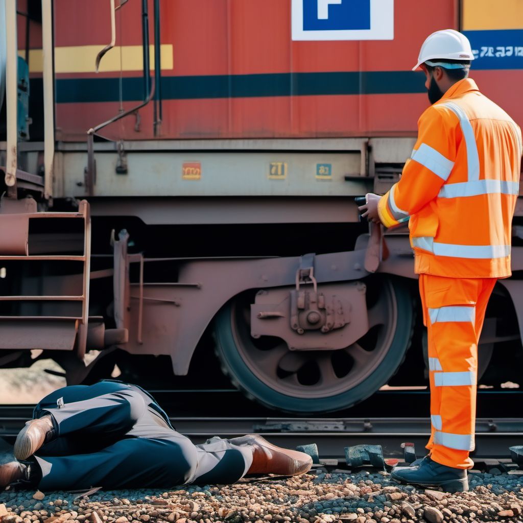 Unspecified occupant of heavy transport vehicle injured in collision with railway train or railway vehicle in traffic accident digital illustration