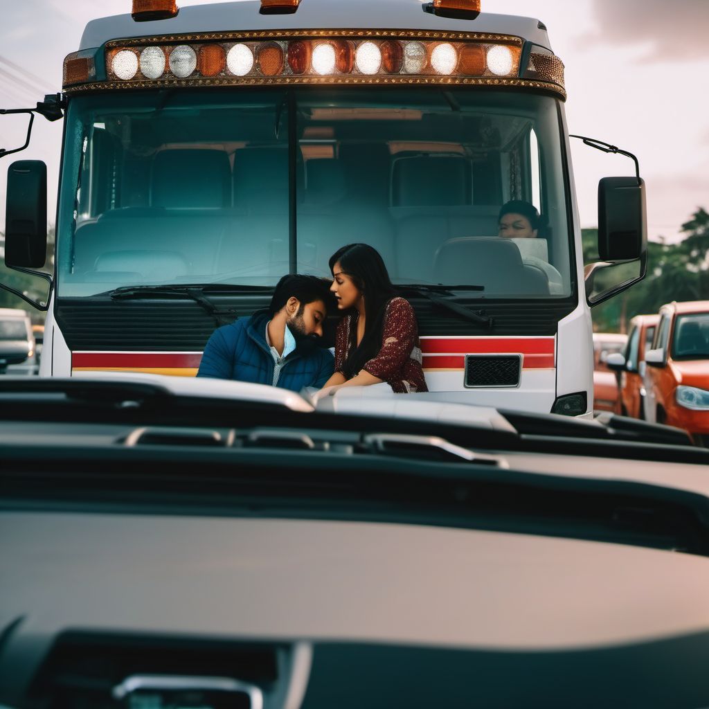 Passenger in heavy transport vehicle injured in collision with other nonmotor vehicle in traffic accident digital illustration