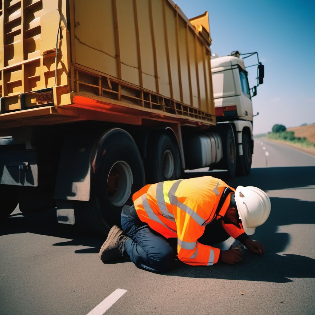 Occupant of heavy transport vehicle injured in collision with fixed or stationary object digital illustration