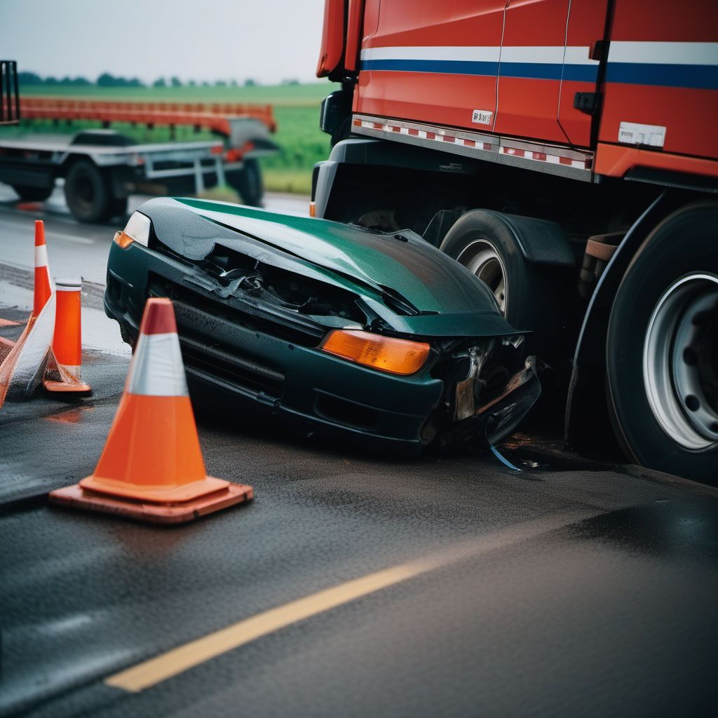 Unspecified occupant of heavy transport vehicle injured in collision with fixed or stationary object in nontraffic accident digital illustration