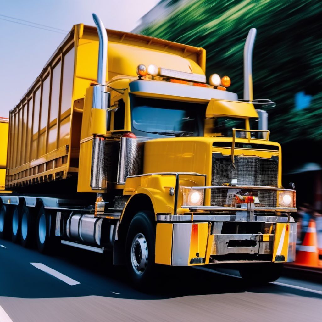 Driver of heavy transport vehicle injured in collision with fixed or stationary object in traffic accident digital illustration