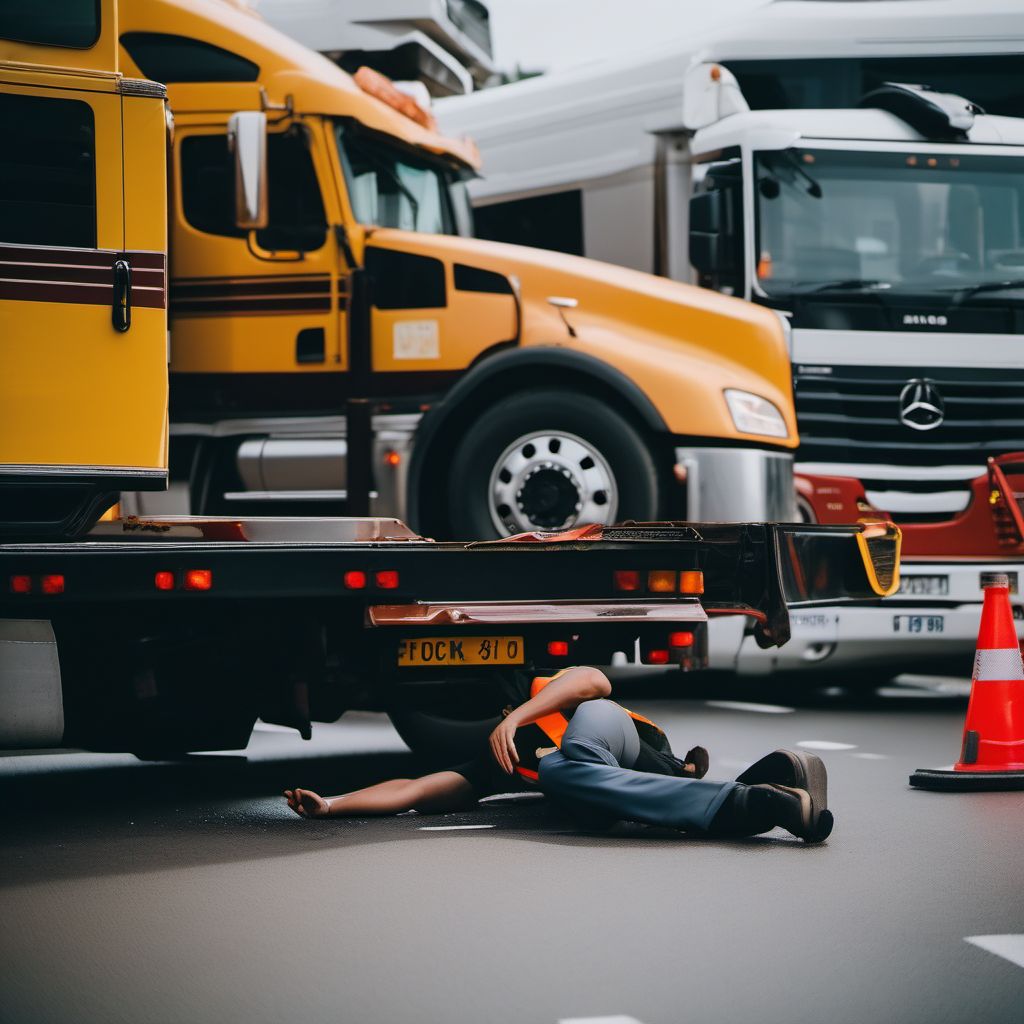 Person on outside of heavy transport vehicle injured in collision with fixed or stationary object in traffic accident digital illustration