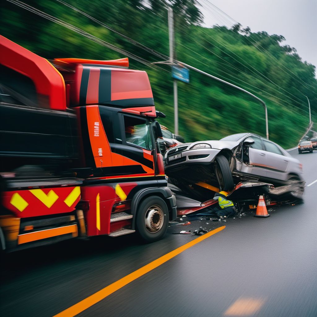 Unspecified occupant of heavy transport vehicle injured in collision with fixed or stationary object in traffic accident digital illustration