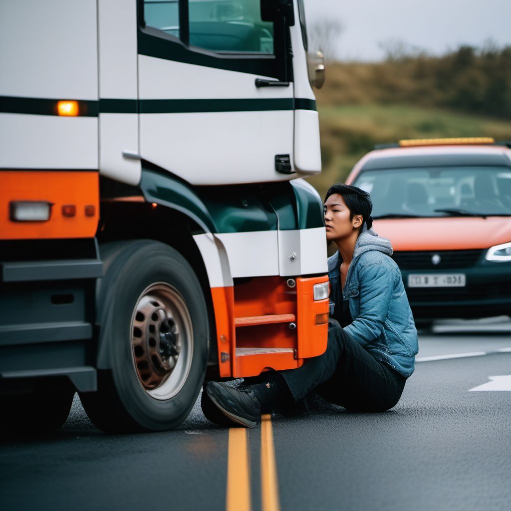 Person on outside of heavy transport vehicle injured in noncollision transport accident in traffic accident digital illustration