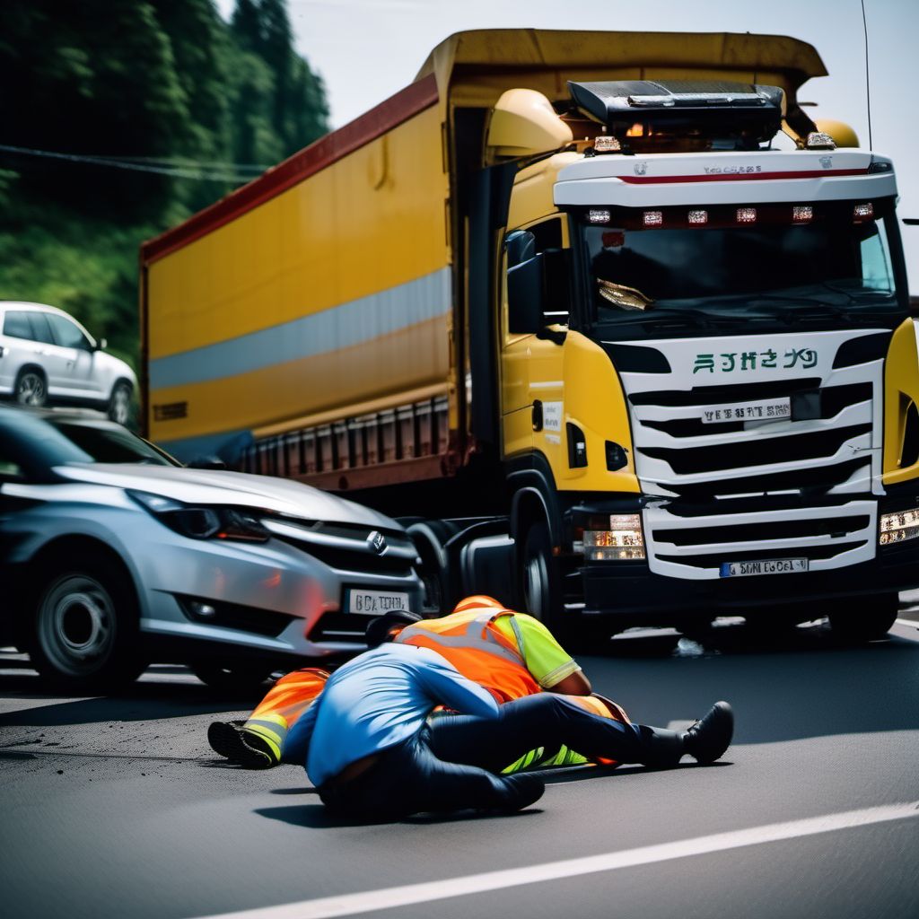 Unspecified occupant of heavy transport vehicle injured in noncollision transport accident in traffic accident digital illustration