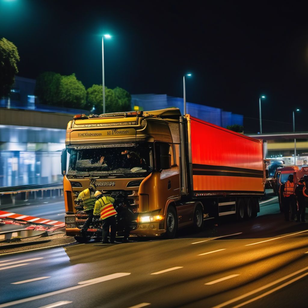 Passenger in heavy transport vehicle injured in collision with other motor vehicles in nontraffic accident digital illustration