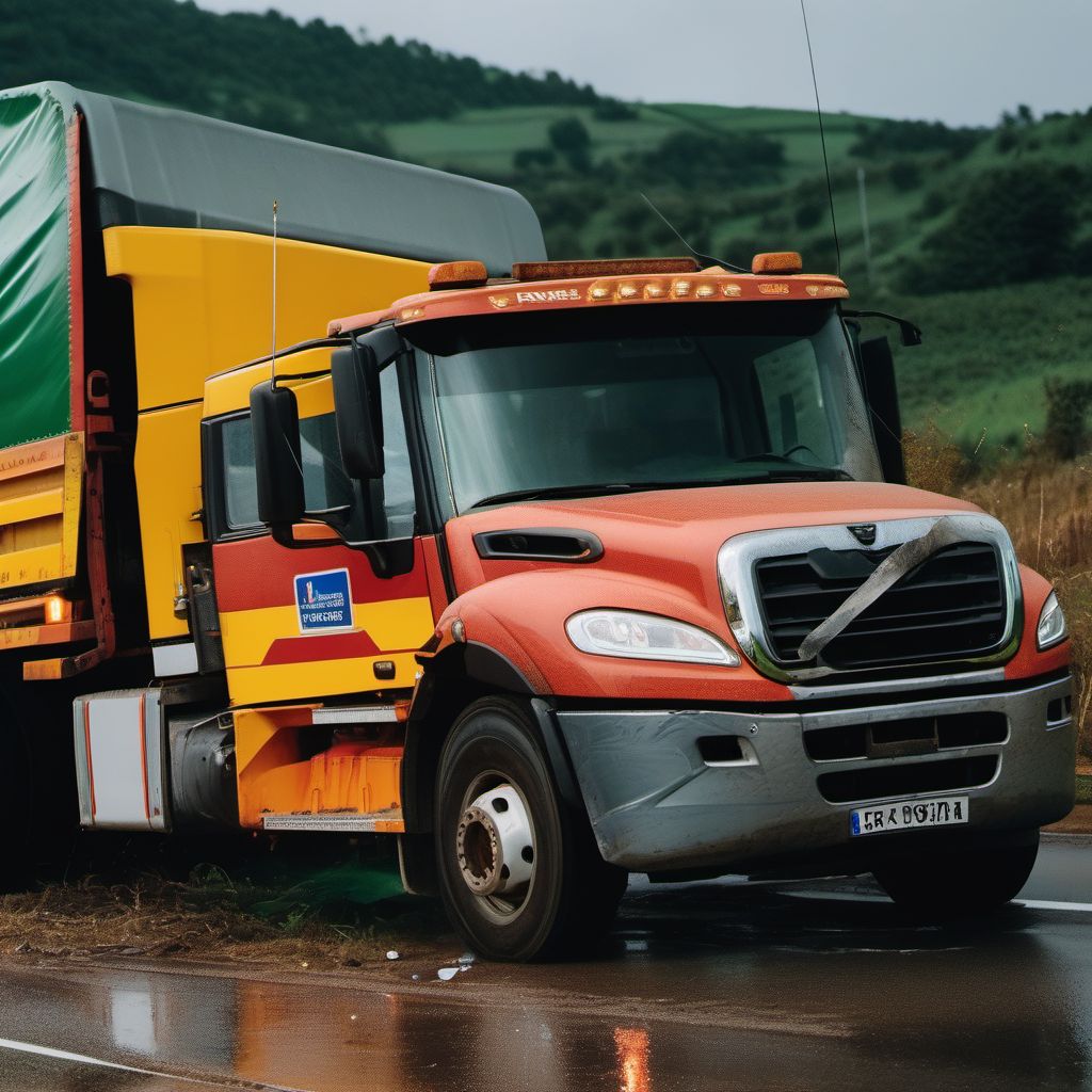 Unspecified occupant of heavy transport vehicle injured in collision with unspecified motor vehicles in nontraffic accident digital illustration