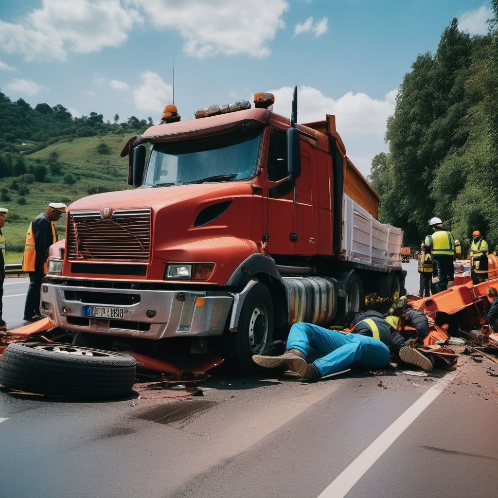 Unspecified occupant of heavy transport vehicle injured in collision with other motor vehicles in nontraffic accident digital illustration