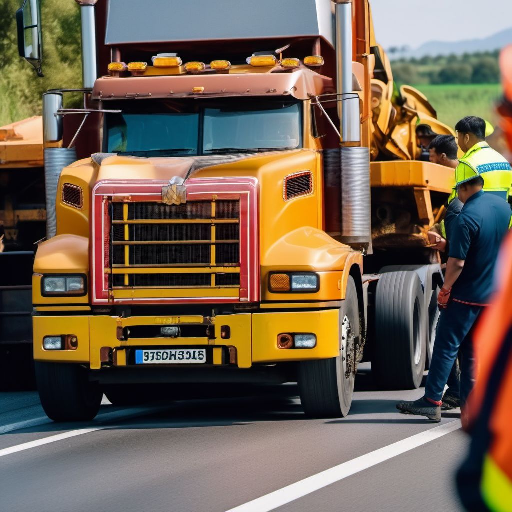 Driver of heavy transport vehicle injured in collision with unspecified motor vehicles in traffic accident digital illustration