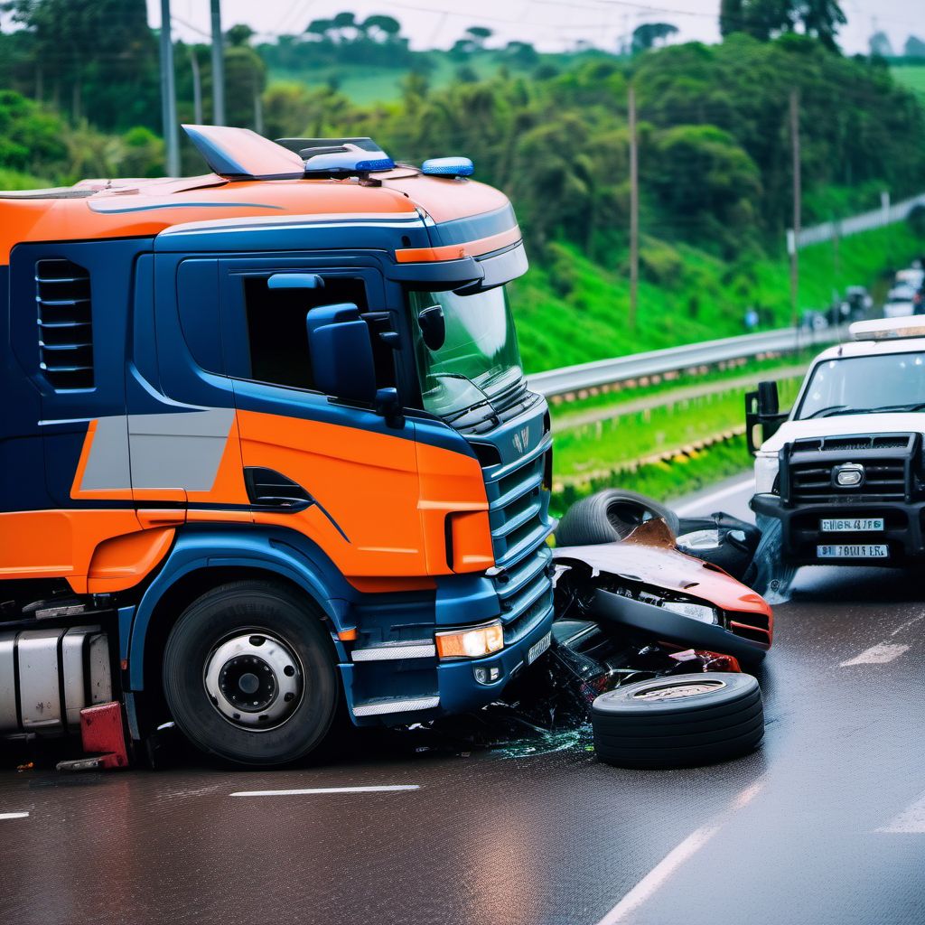 Driver of heavy transport vehicle injured in collision with other motor vehicles in traffic accident digital illustration