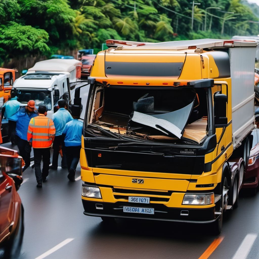 Passenger in heavy transport vehicle injured in collision with other and unspecified motor vehicles in traffic accident digital illustration