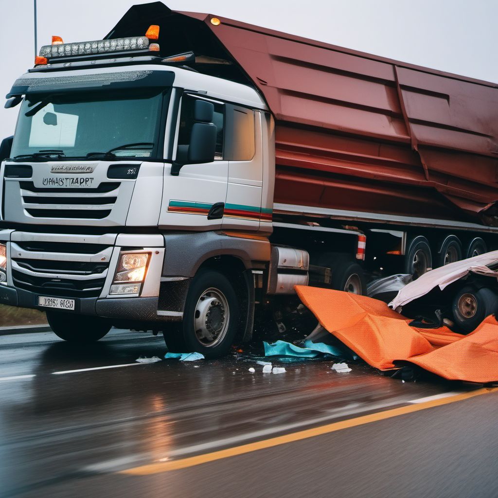 Unspecified occupant of heavy transport vehicle injured in collision with unspecified motor vehicles in traffic accident digital illustration