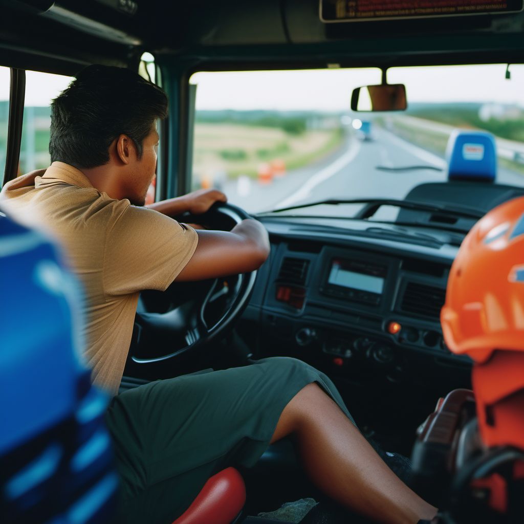 Occupant (driver) (passenger) of heavy transport vehicle injured in unspecified traffic accident digital illustration